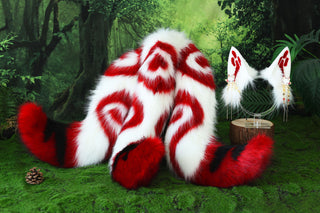 Red white 3 tailed kitsune tail and ear faux fur 3 fox tail and ears therian kitten ear and tail cat ear and tail butt plug anime cosplay role play