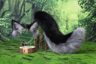 Black gray faux fur wolf ear and tail alsatian wolf dog cosplay german shepherd dog tail and ear shiba Inu dog ears and tail butt plug puppy therian puppy kemonomimi