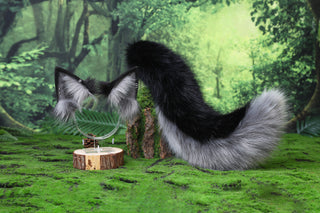 Black gray faux fur wolf ear and tail alsatian wolf dog cosplay german shepherd dog tail and ear shiba Inu dog ears and tail butt plug puppy therian puppy kemonomimi