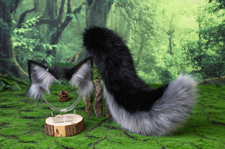 Black gray faux fur wolf ear and tail alsatian wolf dog cosplay german shepherd dog tail and ear shiba Inu dog ears and tail butt plug puppy therian puppy kemonomimi