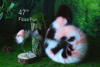 Brown pink stitching faux fur shepherd dog tail plug and ear set shiba Inu dog ear and tail big curved puppy tail and ear anime cosplay petplay puppy kemonomimi