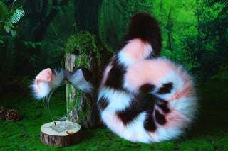 Brown pink stitching faux fur shepherd dog tail plug and ear set shiba Inu dog ear and tail big curved puppy tail and ear anime cosplay petplay puppy kemonomimi