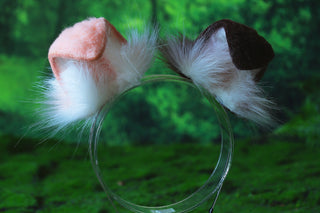 Brown pink stitching faux fur shepherd dog tail plug and ear set shiba Inu dog ear and tail big curved puppy tail and ear anime cosplay petplay puppy kemonomimi