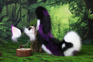 Dark purple faux fur cat tail and ear kitten tail butt plug kemonomimi anime cosplay therian fox ears and tail wolf therian kitten role play halloween gift