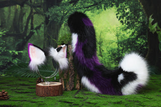 Dark purple faux fur cat tail and ear kitten tail butt plug kemonomimi anime cosplay therian fox ears and tail wolf therian kitten role play halloween gift