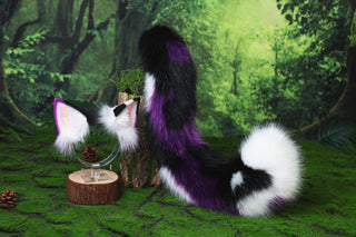 Dark purple faux fur cat tail and ear kitten tail butt plug kemonomimi anime cosplay therian fox ears and tail wolf therian kitten role play halloween gift