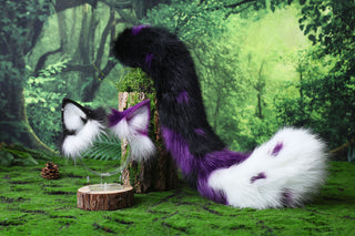 Faux fur calico cat tail and ear kitten kemonomimi anime cosplay therian fox ears and tail wolf therian kitten role play halloween gift