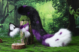 Faux fur calico cat tail and ear kitten kemonomimi anime cosplay therian fox ears and tail wolf therian kitten role play halloween gift