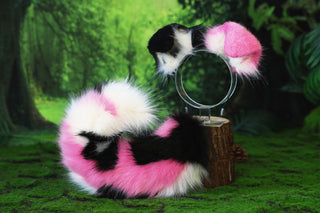 Faux fur calico shepherd dog tail and ear Splicing Shiba Inu dog ear and tail anime cosplay therian puppy ear and tail butt plug dog kemonomimi puppy fursuit pink beige black