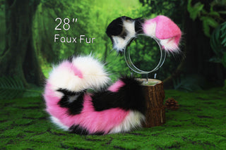 Faux fur calico shepherd dog tail and ear Splicing Shiba Inu dog ear and tail anime cosplay therian puppy ear and tail butt plug dog kemonomimi puppy fursuit pink beige black
