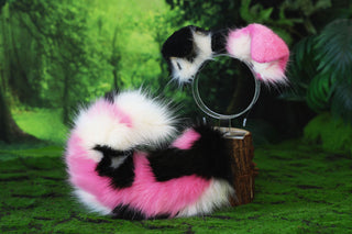 Faux fur calico shepherd dog tail and ear Splicing Shiba Inu dog ear and tail anime cosplay therian puppy ear and tail butt plug dog kemonomimi puppy fursuit pink beige black