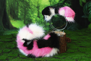 Faux fur calico shepherd dog tail and ear Splicing Shiba Inu dog ear and tail anime cosplay therian puppy ear and tail butt plug dog kemonomimi puppy fursuit pink beige black