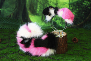 Faux fur calico shepherd dog tail and ear Splicing Shiba Inu dog ear and tail anime cosplay therian puppy ear and tail butt plug dog kemonomimi puppy fursuit pink beige black