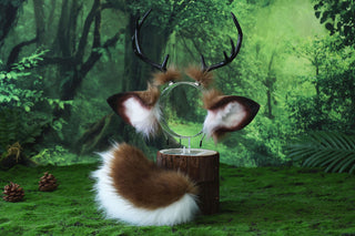 Faux fur deer ear and tail kemonomimi brown white deer ear headband with antlers elk ear and tail butt plug anime cosplay fawn furry deer therian