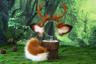Faux fur deer ear and tail kemonomimi brown white deer ear headband with antlers elk ear and tail butt plug anime cosplay fawn furry deer therian