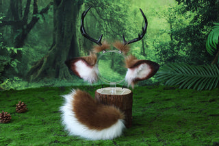 Faux fur deer ear and tail kemonomimi brown white deer ear headband with antlers elk ear and tail butt plug anime cosplay fawn furry deer therian