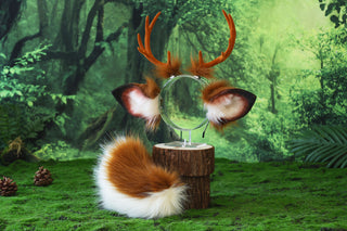 Faux fur deer ear and tail kemonomimi brown white deer ear headband with antlers elk ear and tail butt plug anime cosplay fawn furry deer therian