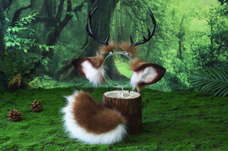 Faux fur deer ear and tail kemonomimi brown white deer ear headband with antlers elk ear and tail butt plug anime cosplay fawn furry deer therian