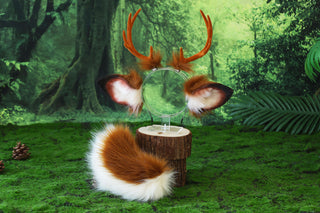 Faux fur deer ear and tail kemonomimi brown white deer ear headband with antlers elk ear and tail butt plug anime cosplay fawn furry deer therian
