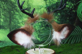 Faux fur deer ear and tail kemonomimi brown white deer ear headband with antlers elk ear and tail butt plug anime cosplay fawn furry deer therian