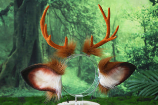 Faux fur deer ear and tail kemonomimi brown white deer ear headband with antlers elk ear and tail butt plug anime cosplay fawn furry deer therian