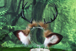 Faux fur deer ear and tail kemonomimi brown white deer ear headband with antlers elk ear and tail butt plug anime cosplay fawn furry deer therian