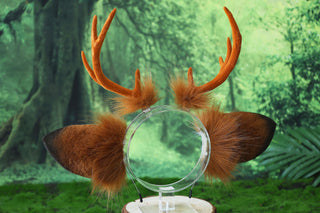 Faux fur deer ear and tail kemonomimi brown white deer ear headband with antlers elk ear and tail butt plug anime cosplay fawn furry deer therian