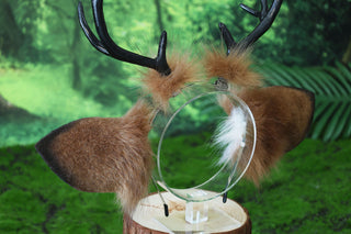 Faux fur deer ear and tail kemonomimi brown white deer ear headband with antlers elk ear and tail butt plug anime cosplay fawn furry deer therian
