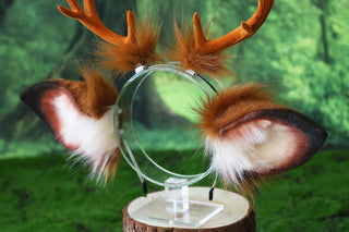 Faux fur deer ear and tail kemonomimi brown white deer ear headband with antlers elk ear and tail butt plug anime cosplay fawn furry deer therian