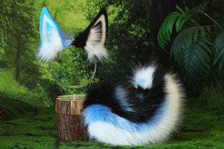 Faux fur shepherd dog tail and ear Shiba Inu dog ear and tail anime cosplay therian puppy ear and tail butt plug blue black white puppy girl kemonomimi