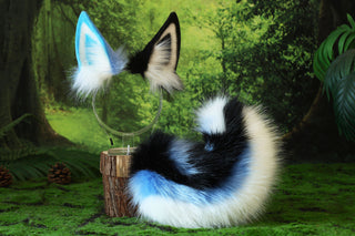 Faux fur shepherd dog tail and ear Shiba Inu dog ear and tail anime cosplay therian puppy ear and tail butt plug blue black white puppy girl kemonomimi