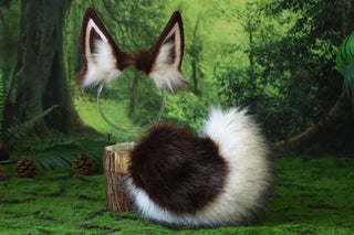Faux fur shepherd dog tail and ear set brown white Shiba Inu dog ear and tail butt plug anime cosplay therian puppy ear tail puppy girl kemonomimi