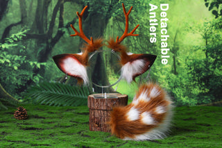 Faux fur sika deer ears and tail deer kemonomimi costume spotted deer ears with horns and tail butt plug deer therian anime cosplay christmas gift birthday