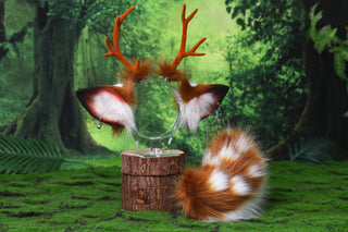 Faux fur sika deer ears and tail deer kemonomimi costume spotted deer ears with horns and tail butt plug deer therian anime cosplay christmas gift birthday