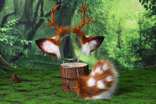 Faux fur sika deer ears and tail deer kemonomimi costume spotted deer ears with horns and tail butt plug deer therian anime cosplay christmas gift birthday