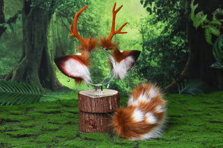Faux fur sika deer ears and tail deer kemonomimi costume spotted deer ears with horns and tail butt plug deer therian anime cosplay christmas gift birthday