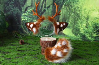Faux fur sika deer ears and tail deer kemonomimi costume spotted deer ears with horns and tail butt plug deer therian anime cosplay christmas gift birthday