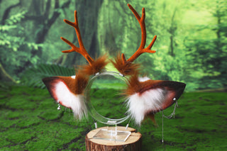 Faux fur sika deer ears and tail deer kemonomimi costume spotted deer ears with horns and tail butt plug deer therian anime cosplay christmas gift birthday