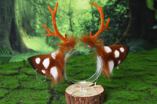 Faux fur sika deer ears and tail deer kemonomimi costume spotted deer ears with horns and tail butt plug deer therian anime cosplay christmas gift birthday
