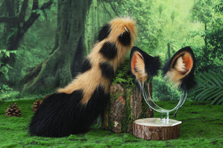 Faux fur spotted hyena ears and tail butt plug hyena tail and ears costume animal cosplay hyena kemonomimi brown hyena dog tail and ears therian african wild dog furry