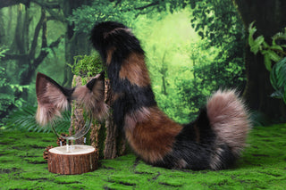 Faux fur tortoiseshell cat tail and ear tortie cat therian kitten kemonomimi anime cosplay fox ear and tail butt plug wolf ears tail halloween gift