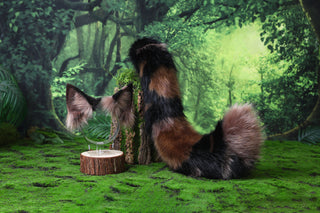 Faux fur tortoiseshell cat tail and ear tortie cat therian kitten kemonomimi anime cosplay fox ear and tail butt plug wolf ears tail halloween gift
