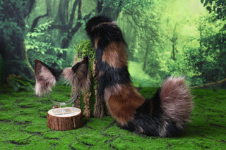 Faux fur tortoiseshell cat tail and ear tortie cat therian kitten kemonomimi anime cosplay fox ear and tail butt plug wolf ears tail halloween gift