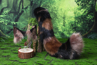 Faux fur tortoiseshell cat tail and ear tortie cat therian kitten kemonomimi anime cosplay fox ear and tail butt plug wolf ears tail halloween gift