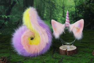 Faux fur unicorn ears and tail cosplay unicorn academy kemonomimi princess celestia ears and tail butt plug unicorn therian furry costume Fursuit