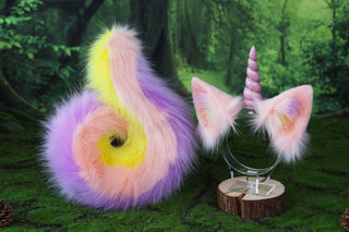 Faux fur unicorn ears and tail cosplay unicorn academy kemonomimi princess celestia ears and tail butt plug unicorn therian furry costume Fursuit
