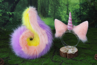 Faux fur unicorn ears and tail cosplay unicorn academy kemonomimi princess celestia ears and tail butt plug unicorn therian furry costume Fursuit