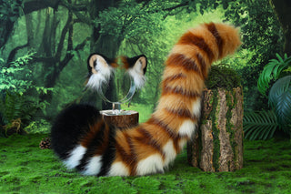 Golden tiger ear and tail set realistic faux fur tiger tail and ear set tiger petplay set animal cosplay tiger tail butt plug and ear tiger kemonomimi ears