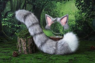 Gray Jazz cats tail and ear cosplay faux fur silver tabby cat ears and tail butt plug kitten kemonomimi anime cosplay therian fursuit halloween gift