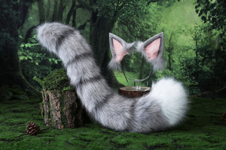 Gray Jazz cats tail and ear cosplay faux fur silver tabby cat ears and tail butt plug kitten kemonomimi anime cosplay therian fursuit halloween gift